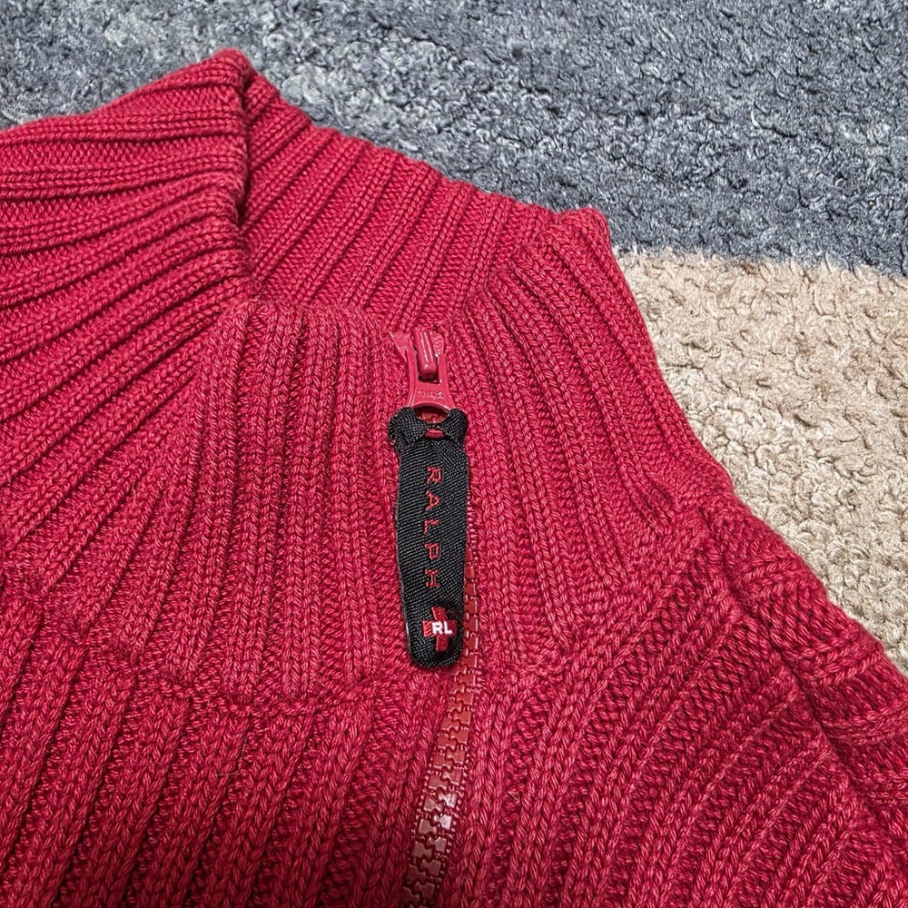 Ralph Lauren Women’s Red Ribbed Full Zip Mock Neck Knit Sweater Size M